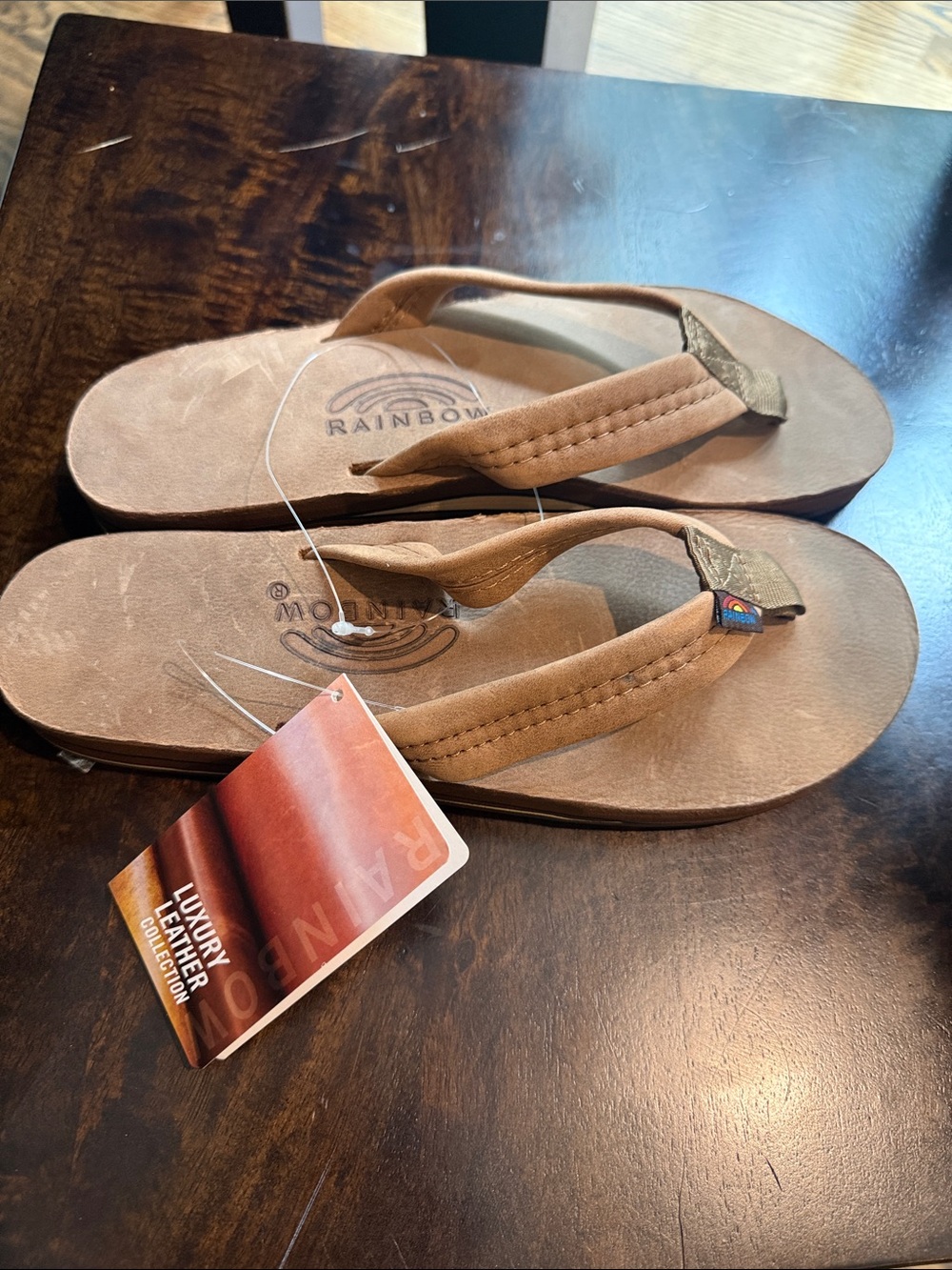 NWT Rainbow Brown Leather Flip Flops Cushioned Straps Women’s XL size 8.5 to 9.5